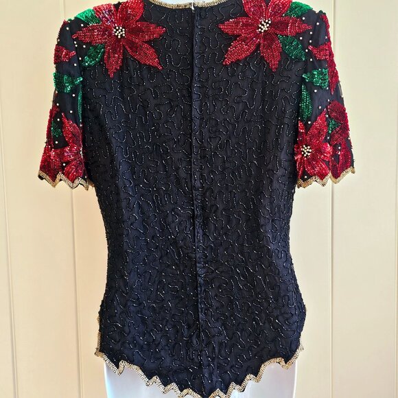 Vtg SCALA Silk Sequin Beaded Christmas Poinsettia Short Sleeve Top EXCELLENT - Picture 14 of 16